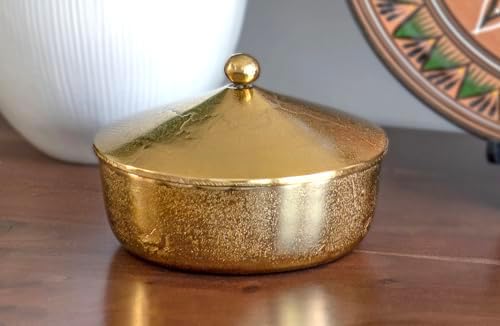 Red Co. 7” Dia Round Antique Decorative Textured Metal Bowl with Dome Knob Lid, Gold