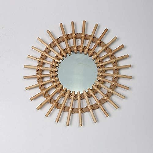 Boho Style Rattan Mirror, 11" Round Wall Mounted Mirror, Silver Frame, Vintage Boho Style, Handmade, Bathroom Wall Decor