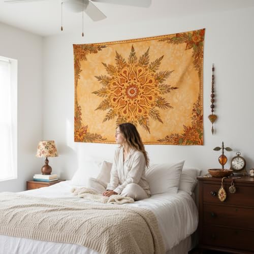 Accnicc Boho Mandala Floral Tapestry Vintage Bohemian Indian Tapestries for Bedroom Aesthetic Retro Orange Yellow Flower Small Tapestry Wall Hanging for Dorm Living Room Decor 48 x 36 Inch
