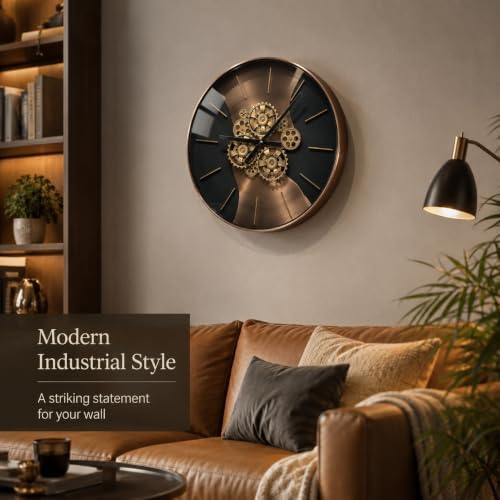 21.65 Inch Large Moving Gear Wall Clock for Living Room Decor Battery Operated Steampunk Industrial Style, Fireplace Kitchen Office Wall Decor Luxury Antique Rosegold