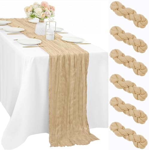 10FT 6 Pcs Sand Cheesecloth Table Runner Boho Gauze Fabric Cheese Cloth Table Runner Decoration Rustic Semi Sheer Runner for Wedding Birthday Baby Shower Party Decor (Sand)
