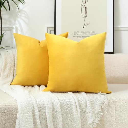 Stellhome Soft Velvet Throw Pillow Covers Square Decorative Cushion Covers for Bed Couch Sofa Bench, 18 x 18 inch (45 x 45 cm), Yellow, Pack of 2