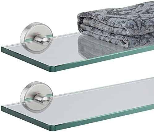 JQK Bathroom Glass Shelf, Tempered Glass Shower Storage 20 by 5 inches, 304 Stainless Steel Brushed Finish Wall Mount, 2 Pack, TGS101L20-BN-P2