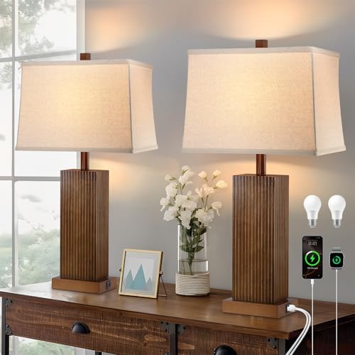 Lovlast 27.5" Wood Table Lamps Set of 2 for Bedroom Living Room (Walnut)