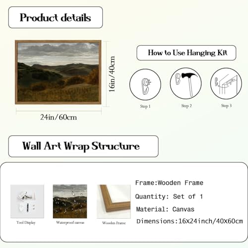 Framed Vintage Landscape Wall Art, Mountain Nature Wall Decor Paintings, Moody Countryside Canvas Prints Pictures Wall Decor for Living Room Bedroom Dining Room Office 16x24 inch