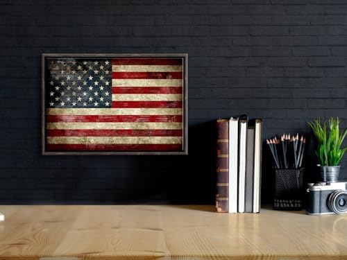 Pyradecor Walnut Framed Wall Art Old Vintage American Flag Canvas Prints Abstract Landscape Pictures Paintings for Living Room Office Home Decorations