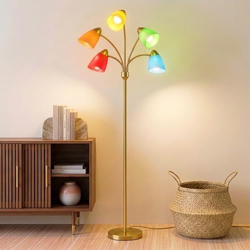 Brightech Medusa LED Floor Lamp – Multi-Head Dimmable Floor Lamp for Living Rooms & Offices – Tall Lamp with Interchangeable Shades, Adjustable Standing Lamp for Bedroom Reading – Brass/Gold
