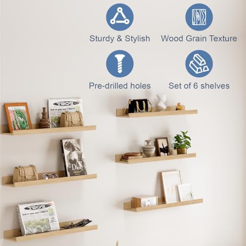 Wall Shelves for Living Room, Nursery Book Shelves Smoke Gray Bathroom Shelves Over Toilet Floating Shelves for Wall, Modern Wood Storage for Bedroom, Kid's Room, Kitchen, 36inch, Set of 6