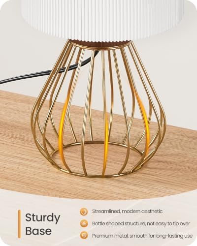 Gold Table Lamp with Pleated Lampshade, 12.6" Small Bedside Lamp