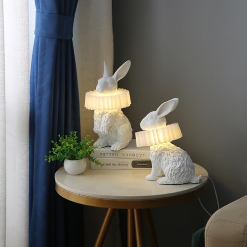 Cute Scarf Bunny Table Lamp, Resin Rabbit Nightstand Lamp with White Pleated PC Lampshade, USB Plug Energy Efficient LED Night Light, Kids Bedside Lamp for Bedroom Nursery Room Decor
