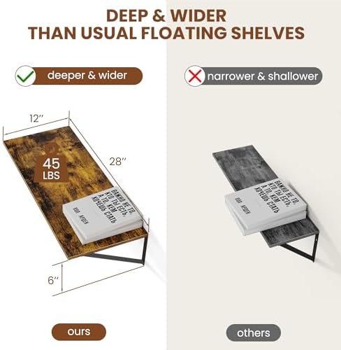 Heimlove 28W x 12D Deep Floating Shelves Set of 2 Rustic Brown