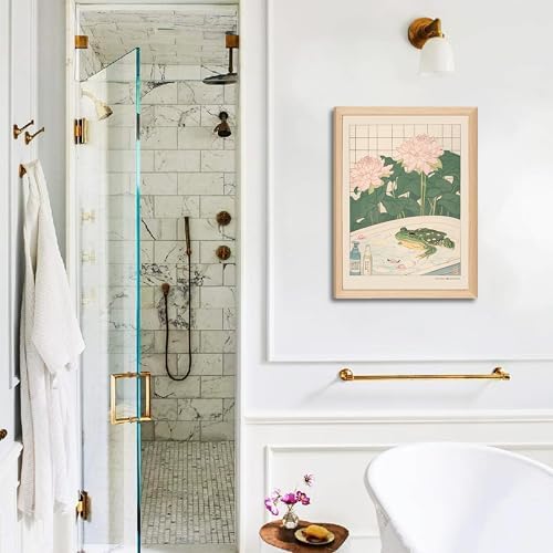 Japanese Cats Frogs Bathroom Wall Art Anime Cute Funny Canvas Print Decor | Set of 2 Wooden Frame Cute Green Kitten in Bathtub Painting Minimalist Zen Picture Wall Decor for Bathroom Kids Room12x16In