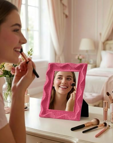 Modern Aesthetic Mirror for Girly Bedroom Wall Decoration,Rose Pink | 9.5x7.5" Wavy Frame,Soft Velvet-like Touch,Table Makeup Mirror for Creative Workspace,Room Makeover Gift for Daughter Sister