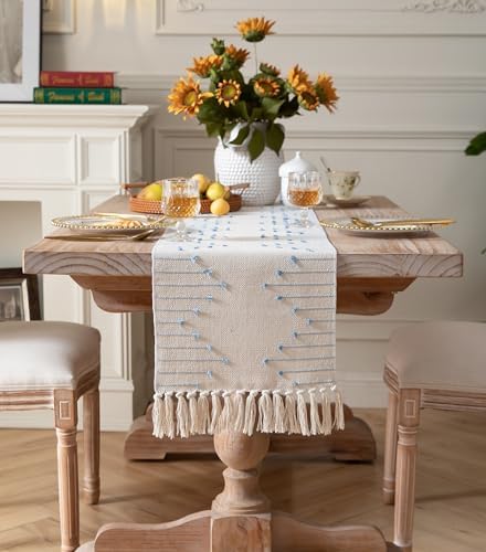 Boho Table Runner 13 x 60 Inch Long Natural Cotton Woven Runner with Tassels for Home Dining Table décor, for Modern Farmhouse Decor Coffee Table Runner, Light Blue and Beige