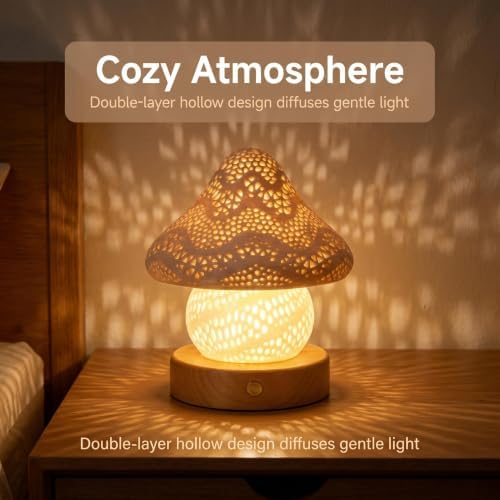 LONRISWAY Rechargeable 3D Print Mushroom Hollow Out Shadow Night Light, Wooden Base Touch Dimmable LED Table Lamp, 900mAh Type-C Rechargeable Ambient Lamp for Bedroom Home Decor 13 * 13 * 15cm