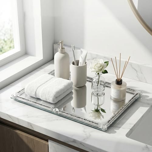 Large Mirror Perfume Tray for Dresser,Crushed Diamond Glass Tray