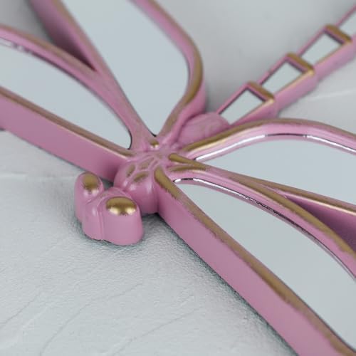 Decorative Dragonfly Wall Mirror, Plastic Frame with Mirrored Wings (12.4 x 9.3 inches) (Pink)