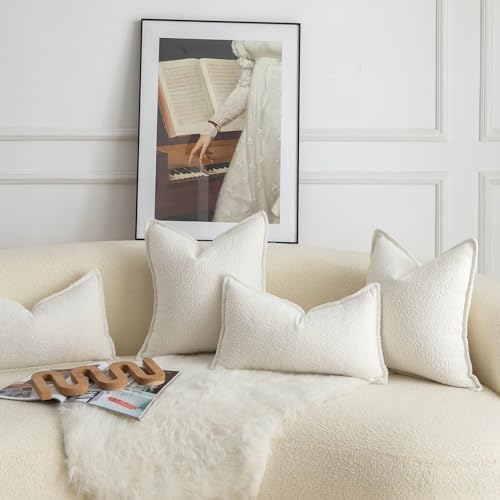 MANDIOO Pack of 2 Decorative Throw Pillow Covers Accent Solid Woven Textured Cushion Covers Pillow Cases Bedroom Living Room Sofa Home 20 x 20 Inch Cream White