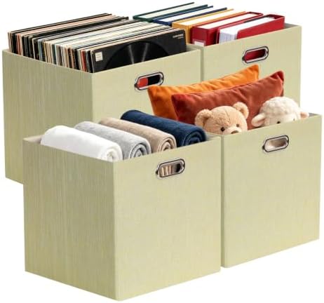 Posprica Storage Cubes, 13 x 13 x 13 Inches Fabric Bins with Double Handles，Cubes Basket Containers, For Shelf Cabinet Bookcase, Closet Organizers for Shelves, Foldable-Set of 4, Yellow/Beige mixed