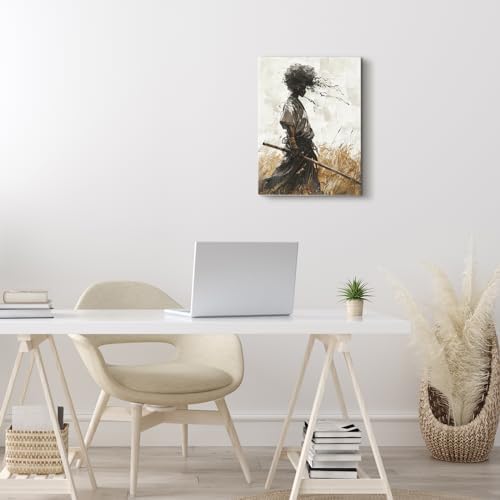 12"x18" African Samurai Canvas – Enigmatic Abstract Warrior Wall Art | Mystic African warrior dons kabuto beneath swirling abstracts. Afrofuturism meets bushido. Hook included, ready to hang.