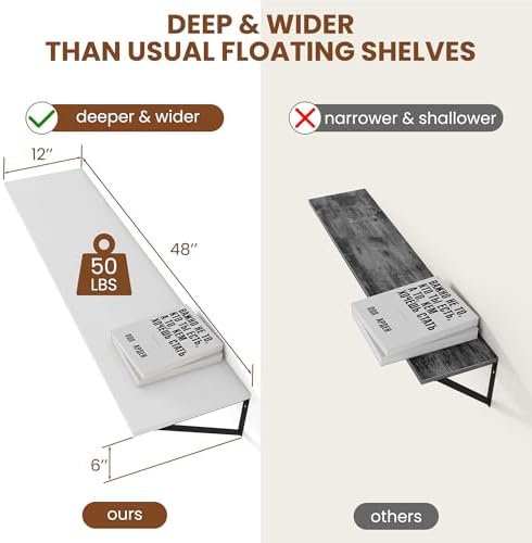 Heimlove 48W x 12D Deep Floating Shelves Set of 2 White