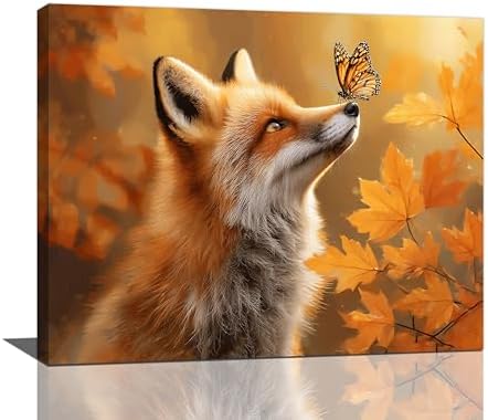 Fall Fox Decor Wall Art Autumn Pictures Maple Leaf Canvas Prints Painting Cute Fox Artwork Home Decoration for Bathroom Bedroom Living Room Framed Gifts 16"x20"