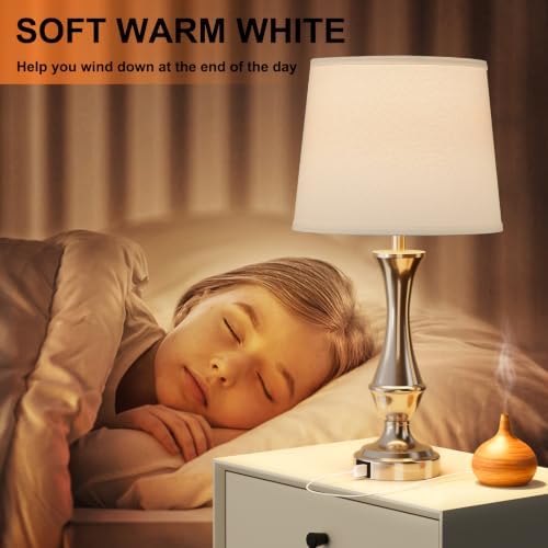 Seealle Upgraded Touch Lamps for Night Stands Set of 2 - Bedside Lamps with USB C+A, 3 Way Dimmable for Bedroom Living Room End Tables Office (White&Nickel)