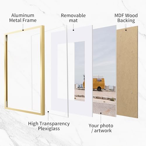 Fun Memories 10x10 Aluminum Picture Frame, Premium Square Photo Frames with Mat for 8x8 or Without Mat for 10x10, Simple and Elegant Decor for Wall Mounting, Gold, 1 Pack