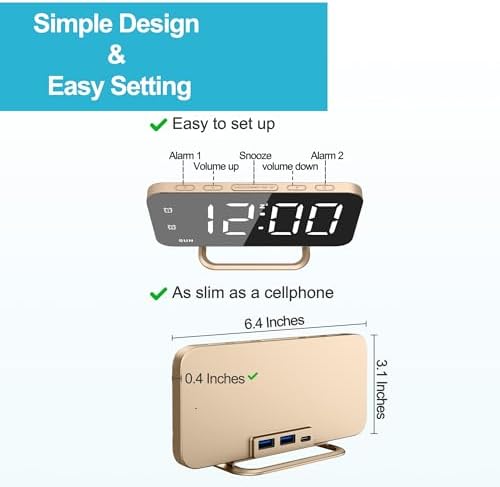 Slim LED Digital Alarm Clock, Mirror Surface for Makeup, with Diming, Large Display, Easy Setting, USB Ports, Modern Decor for Bedroom, Desk, Christmas, Birthday Idea Gift for Women, Sister, Mom, Pink