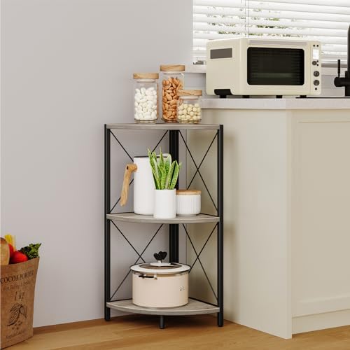 Snughome Corner Shelf for Desktop, 3-Tier Corner Storage Organizer with Metal Frame, Freestanding Corner Shelf Stand Display Rack for Kitchen Counter, Living Room, Grey