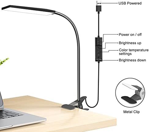 RAOYI LED Desk Lamp, 5W USB Clip on Light Eye-Caring Reading Clamp Table Lamp with 48 LEDs Flexible Neck, 3 Color Modes and 14 Brightness Levels for Office Bedroom Study (Black)