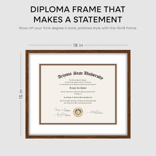 Homeforia 15x18 Brown Oak Diploma Frame, High-End Wood, 11x14 Mat, Glass