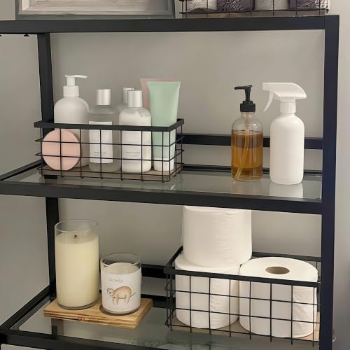 TIEYIPIN Black Metal Wire Storage Baskets with Wood Bottoms, Bathroom Storage Organizer Basket Bins, Set of 2 - Includes 2 Bonus Adhesive Hooks for Easy Wall Mounting