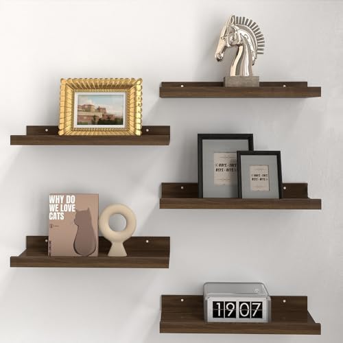 RICHER HOUSE 5-Set Floating Shelves with Lip, Walnut Wall Mounted Shelf