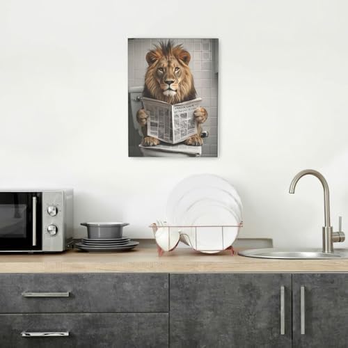 Funny Lion Bathroom Wall Art Cute Lion Toilet Wall Decor Pictures Animal Bathroom Canvas Prints Painting Home Decorations Restroom Artwork Ready to Hang Framed Gifts 20"x24"