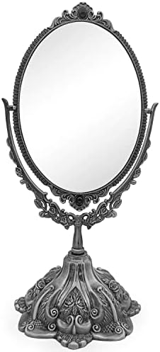 Hsiwto Vintage Double Side Makeup Mirror, Alloy Metal Table Makeup Desktop Mirror with 360 Degree Rotation Cosmetic Makeup Tool for Women Girls, Large Tin Color