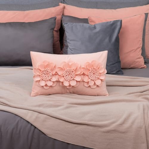 JWH 3D Flower Throw Pillow Cover Peach Pink Velvet 12x20 Inches
