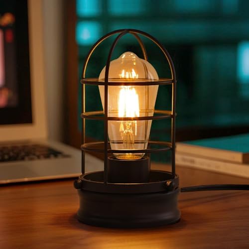 Cerdeco Small Industrial Table Lamp,Black Vintage Desk Light for Bedside