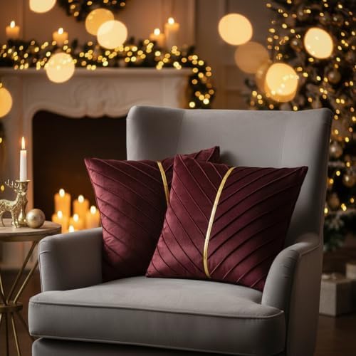 Velvet Throw Pillow Covers 16x16 inch Pack of 2 Gold Decor Burgundy