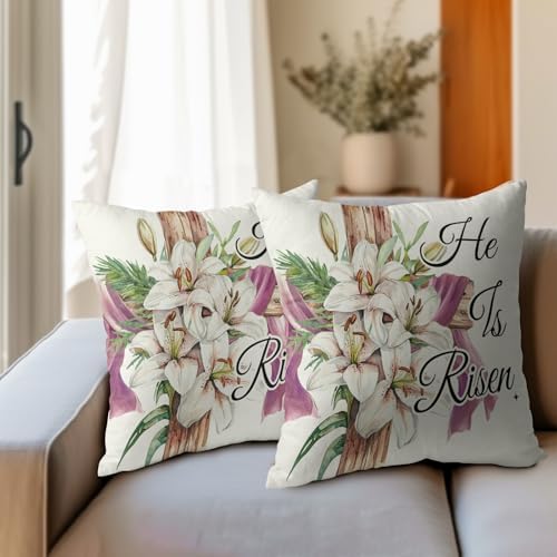 Easter Throw Pillow Covers 20x20 Inch Set of 2 He is Risen Cushion Case Spring Lily Flower Cotton Linen Square Pillowcases Happy Easter Pillows Protector for Home Sofa Party Couch Bed