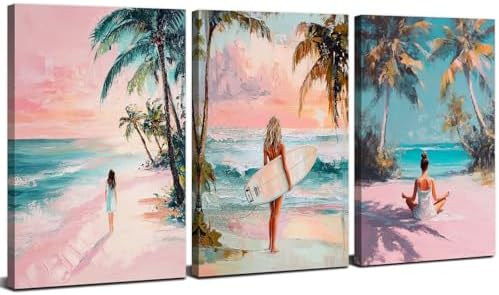 Trendy Pink Beach Canvas Wall Art Abstract Coastal Wall Decor Preppy Yoga Girls Canvas Pictures Aesthetic Ocean Seascape Painting Artwork for Girls Bedroom Bathroom Home Decorations 16x24" 3Pcs