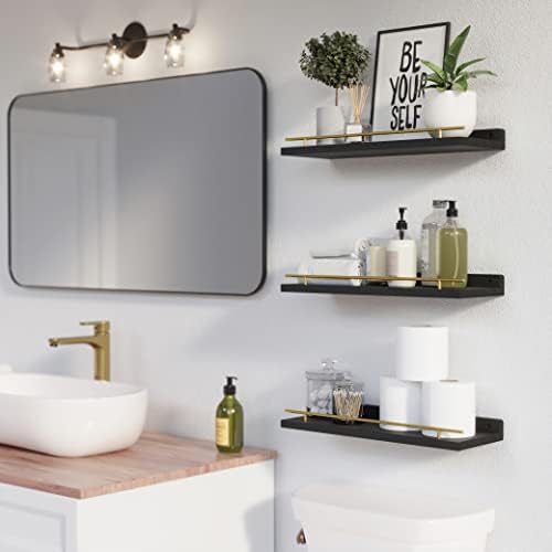 WOPITUES Floating Shelves for Wall Decor Set of 3, Black and Gold