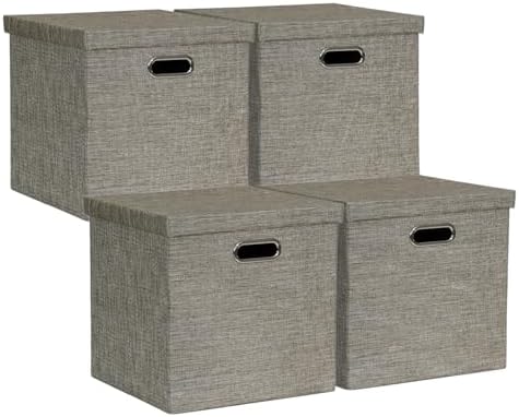 Posprica Storage Bins with Lids,13×13×13 Foldable Storage Cube Baskets Boxes Fabric Drawers for Closet Shelf Cabinet Bookcase,Set of 4,Coffee