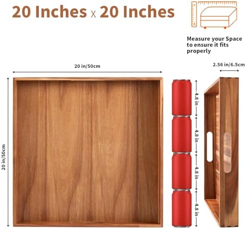 Serving Tray with Handles, 20 Inch Large Square Ottoman Tray Acacia Wood Decorative Tray for Living Room, Ottoman Coffee Table, Kitchen, Appetizers, Breakfast, Patio, Party