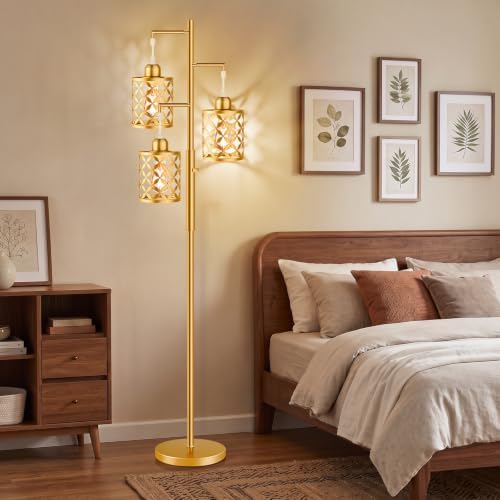 68" Modern Tree Floor Lamp, Dimmable Industrial Tall Standing Lamp with Metal Cages & Rotary Dimmer Knob, Corner Decor Lighting for Living Room Bedroom Cafe, 3 x 800LM Bulbs Included - Gold