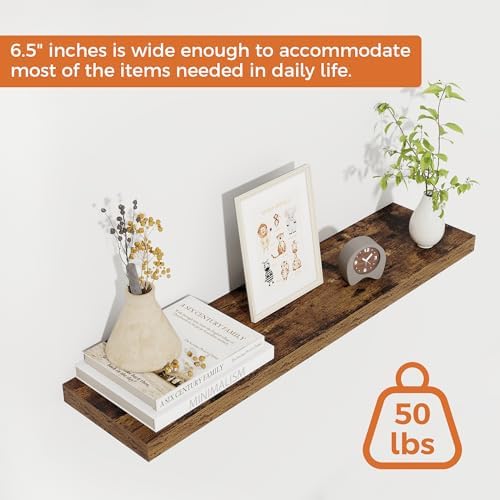 Fun Memories 27.5 Inch Deep Floating Shelves, Set of 2 Heavy Duty Wall Mounted Shelves with Invisible Brackets, Large Rustic Wood Storage Bookshelf for Living Room, Bathroom and Kitchen, Rustic Brown