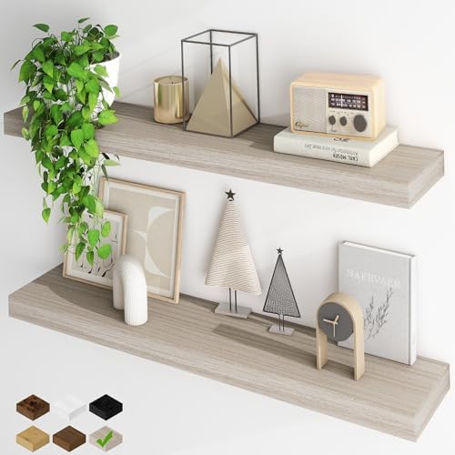 Fun Memories Floating Shelves for Wall, 40Inch Floating Shelves Set of 2, Hanging Shelf with Invisible Brackets, Wood Shelves for Living Room, Bedroom, Kitchen, Grey