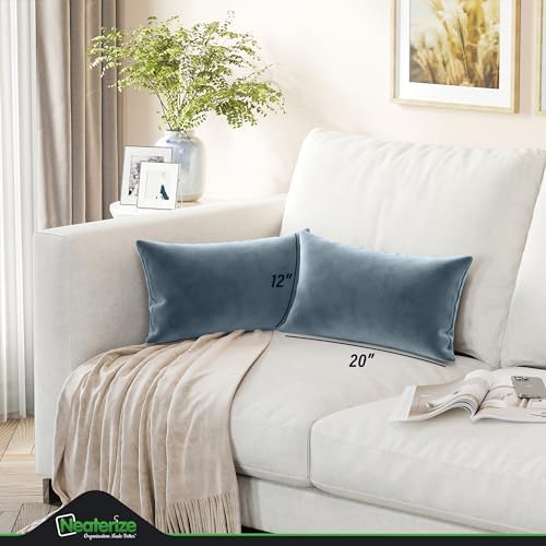 NEATERIZE Premium Velvet Pillow Covers 12x20 Dusty Blue - Washable Decorative Fabric Throw Pillow Covers for Couch or Bed - Set of 2