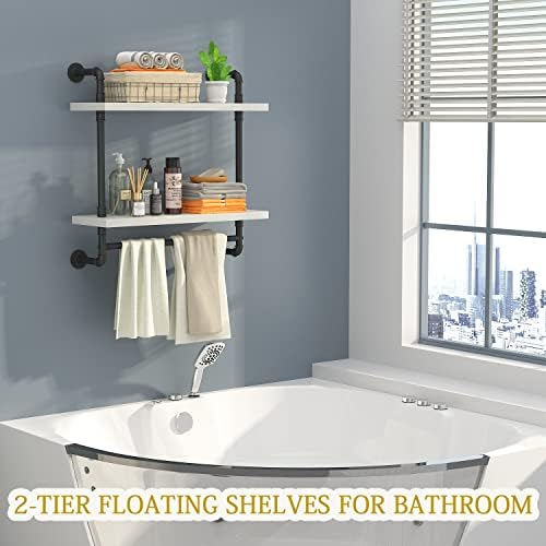 Helsin 24inch Industrial Pipe Shelving Bathroom Shelves Wall Mounted with Towel bar, 2 Tier Rustic Wood Floating Shelf, Metal Towel Rack Wall Shelf for Home & Bathroom (White, 24inch)