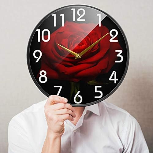 Naanle Beautiful Red Rose Print Round Wall Clock, 12 Inch Silent Battery Operated Quartz Analog Quiet Desk Clock for Home,Office,School
